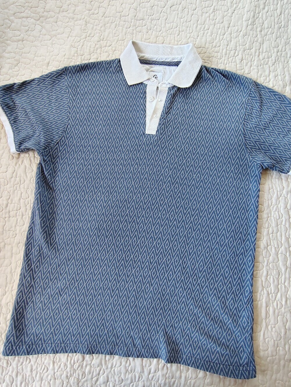 Craft + Flow Men's Blue Diamond-Pattern Polo Shirt with White Collar Size L